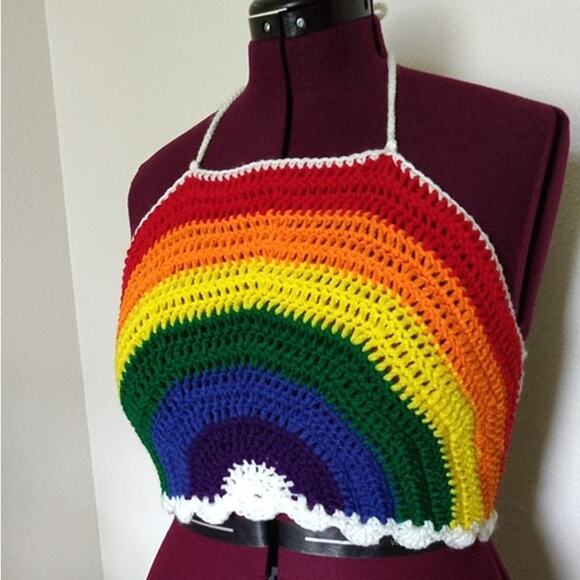 Large Rainbow Halter Top crochet handmade tie at neck and two around chest crop - Picture 1 of 10
